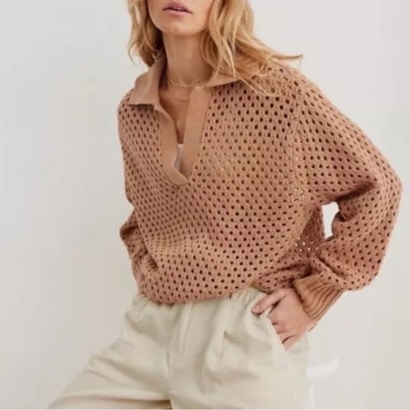 aerie Sweaters - Aerie Cotton Knit Tan V-Neck Polo Sweater with Relaxed Fit Size Small